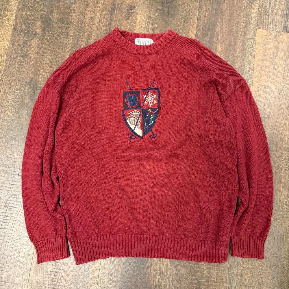 Vintage 80s 90s Novel Red Cotton Ski Crest Embroidered Grandpa Sweater